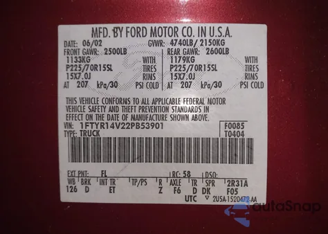 2002 Ford Ranger Edge/Tremor/Xl/Xlt from USA, damaged, VIN 1FTYR14V22PB53901